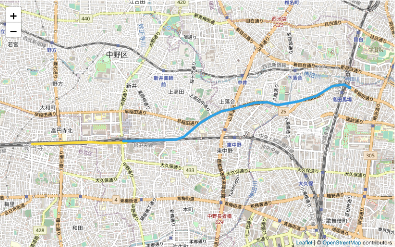 シェイプAPIの描画イメージ(「高円寺-高田馬場」の経路)